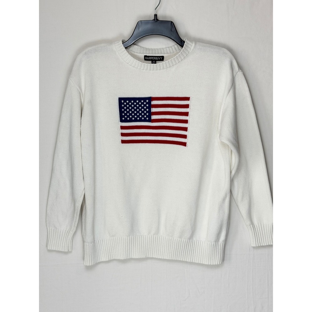 Harper & Ivy Women Cotton Sweater XS White American Flag Crewneck Knit Top